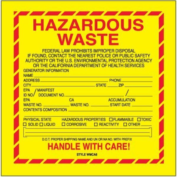 Bsc Preferred 6 x 6'' - ''Hazardous Waste - California'' Labels, 500PK S-17655